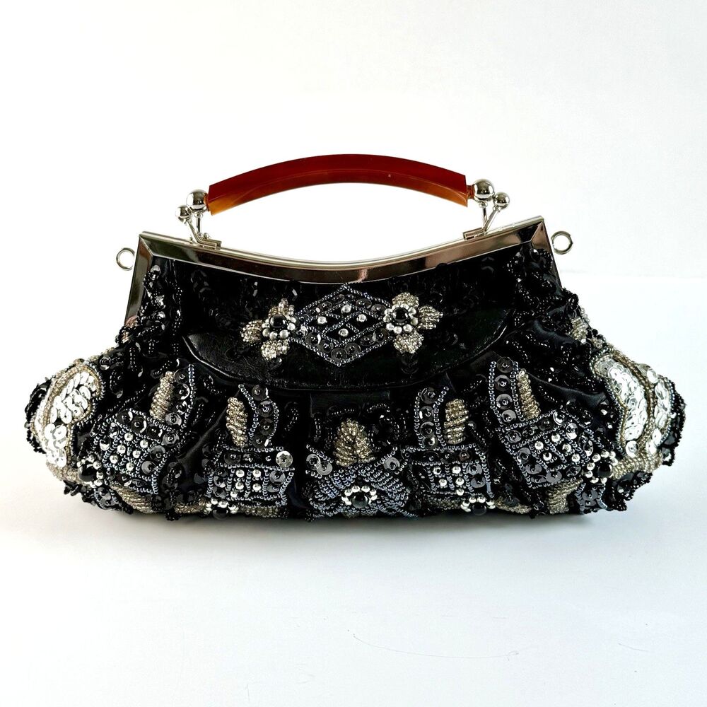 LEXI Int'l Black Satin Sequin Beaded Tortoise Handled Evening Clutch Purse Retro - Picture 4 of 13